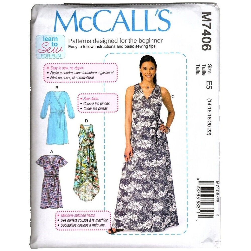 McCall's M7406 Misses 14 to 22 Learn to Sew Maxi Dress Uncut Sewing Pattern New